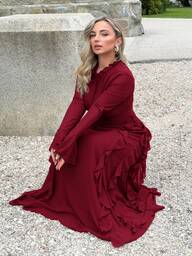 Jeta Ari Women's Elegant Red Long Sleeve High Neck Ruffle Trim Floor Length Dress, Suitable For Date And Formal Party, Autumn/Winter