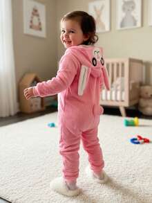Pijama enterizo rosa suave y afelpado con capucha conejo, ideal para fiestas temáticas. Perfecto para cosplay y disfraces. - Rosa - Ver 3