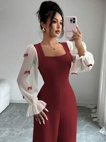 Modelyn 女士混色蝴蝶结针织连体裤 - 紅色 - 查看 4