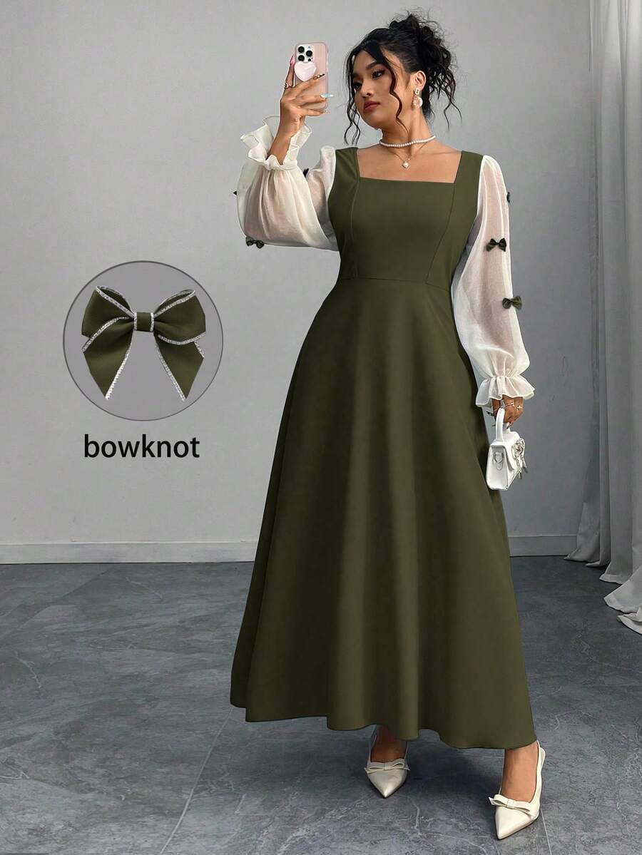 Modelyn Plus Size Women Elegant Commuter Color Block Bow Decor Midi Dress - Army Green - View 1