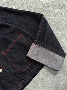 Manfinity EMRG Men's Street Fashion Casual Floral Embroidered Denim Jacket Red Stitch Jacket Embroidered Jacket Rose Patch Jacket - Dark Wash - View 5