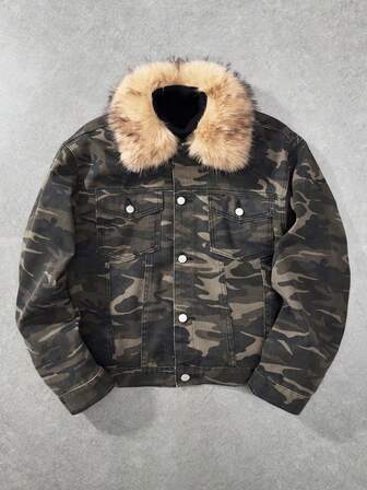 Men's Fur Collar Camouflage Pattern Long Sleeve Single-Breasted Casual Denim Jacket