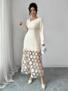 Modelyn Vestido elegante de unicolor con parches de malla y flores con escote asimétrico