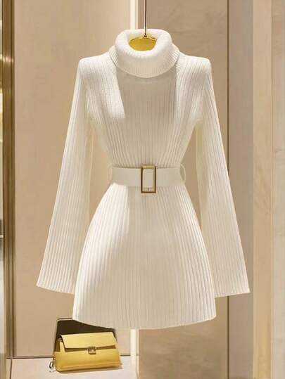 GlowEve Autumn/Winter New Metal Adjustable Buckle Waist Belt, High Collar Flare Sleeve Casual Comfortable Fashionable Elegant Sweater Dress For Women, Suitable For Multiple Occasions