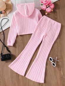 SHEIN 少女罗纹纯色连帽长袖上衣和喇叭裤两件套 - 淺粉色 - 查看 2