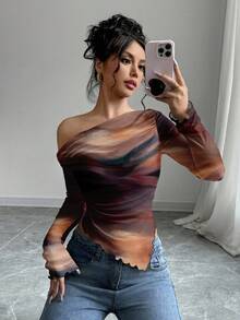 Firerie Casual Vintage Elegant Commuting Versatile Abstract Warm-Toned Sunset Print Pattern, Comfortable & Warm Suitable For Autumn/Winter, Asymmetrical Frill Trim, Flared Sleeves, Shoulder Pleats, Slim Fit Women Long Sleeve T-Shirt,Graphic Tees - Multicolor - View 3