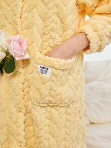 Bonmuse 1pc Solid Color Wool Jacquard Casual Robe, Autumn/Winter Warm Thermal Lined Long Sleeve Flannel Hooded Loose Fluffy Bathrobe With Pockets, Women Sleepwear Loungewear, Fall, Cozyfor Summer - Mustard Yellow - View 7