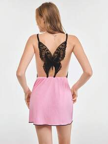 Bonmuse 女式夏季 V 领露背蝴蝶结吊带纯色修身迷你连衣裙，居家休闲或户外穿着舒适 - 粉色 - 查看 1
