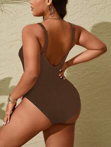 Swim Lushoire Baju Renang Terusan Ketat Leher Bulat Model Dasar Ukuran Plus - Coffee Brown - View 2