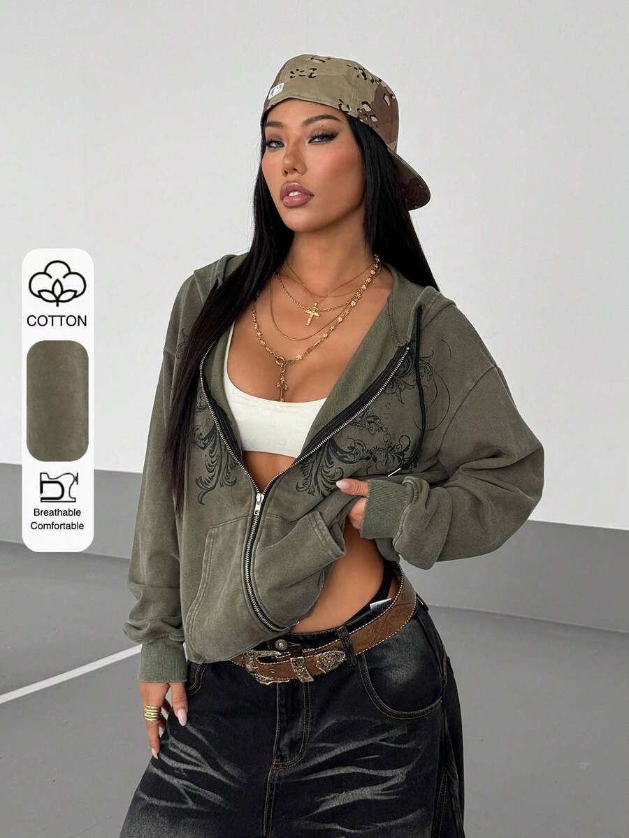 StreetHx Women's Y2K Style Gothic Retro Distressed Loose Sweatshirt, Streetwear For Autumn/Winter - Army Green - View 1