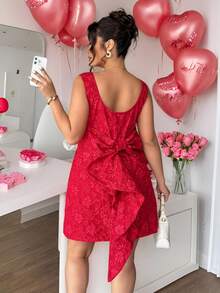Elenzga Vestido de Tecido Texturizado com Laço nas Costas, Elegante para o Dia dos Namorados, Plus Size, Adequado para Encontros, Dia dos Namorados, Moda Ins, Estilo Preppy Xadrez Preto e Branco com Cruzamento, Silhueta Evasê Afina a Cintura, Adequado para Volta às Aulas, Formatura, Feriados, Dia dos Namorados, Festivais de Música, Dia das Mães, Halloween - Vermelho - Visão 1