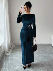 Rafferiza 优雅休闲丝绒连衣裙，腰部褶皱设计，饰有装饰纽扣，酒红色长袖连衣裙，适合约会、日常穿着和派对场合，女士，秋冬季 - 湖藍色 - 查看 5