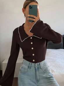 Livesso Áo khoác cardigan dài tay cổ bẻ thường ngày dành cho nữ, thiết kế tối giản, mặc hàng ngày, mùa thu - Cà phê nâu - Xem 4