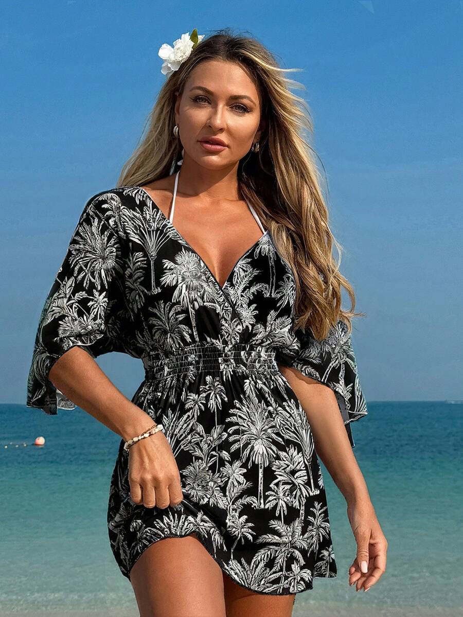 Swim Lushoire 女士沙滩度假热带印花薄纱抽绳腰中长休闲罩衫 - 黑色 - 查看 1