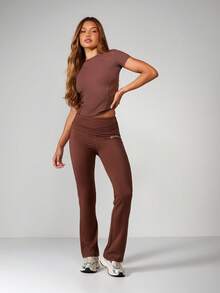 Missguided x Playboy 高腰阔腿喇叭裤，翻折腰带，饰有品牌标志印花，女士休闲日常穿着 - 咖啡棕 - 查看 5