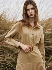 SHEIN ChicEase 女士优雅通勤卡其色褶裥下摆系带连衣裙 - 卡其色 - 查看 3