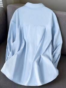 Franclia Áo sơ mi dài tay cài cúc màu trơn dành cho nữ, kiểu dáng thường ngày. - Màu xanh lam - Xem 2
