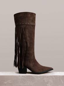 Styleloop Women's Fringe Decor Chunky High Heel Knee-High Boots For Christmas - Coffee Brown - View 1