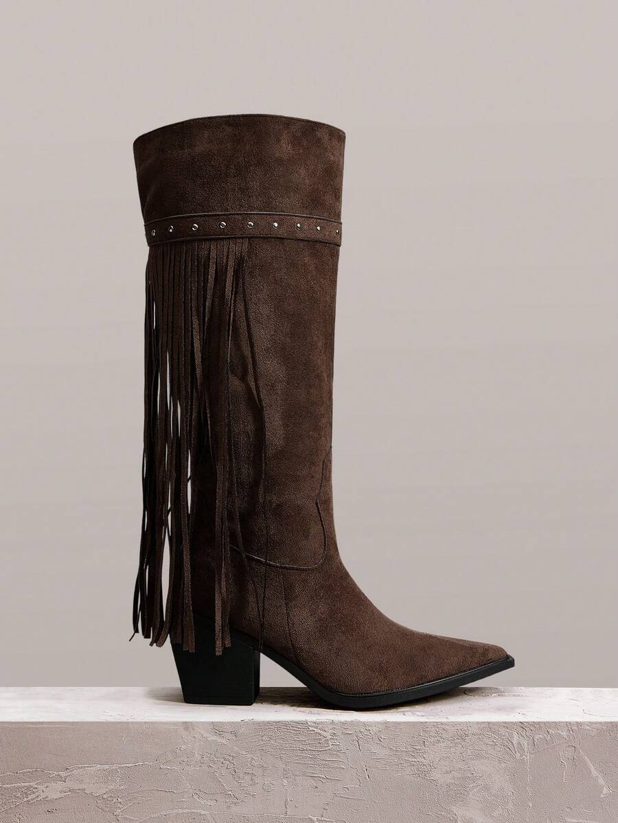 Styleloop Women's Fringe Decor Chunky High Heel Knee-High Boots For Christmas - Coffee Brown - View 1