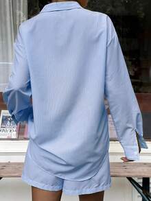 SHEIN EZwear 2 件套女士蓝色条纹编织纽扣前襟衬衫和短裤套装 - 藍色 - 查看 2