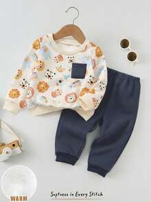 Cozy Pixies مجموعة بلوزة كنزة طويلة الأكمام بطباعة حيوانات كرتونية ناعمة وبنطلون بخصر مطاطي لطفل ولد، قطعتان - متعدد الألوان - مشاهدة 7