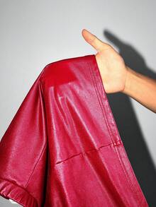 Hourglow Plus Size Solid Color Pleated Fitted PU Leather Skirt, Winter, For Hourglass Body Shape/Valentine's Day - Burgundy - View 9