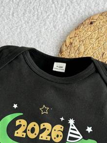 SHEIN Playful Pals Baby Boy Casual Letter & Dinosaur Print Short Sleeve Bodysuit, Suitable For Summer Outings, Home, New Year, Party - Black - View 5
