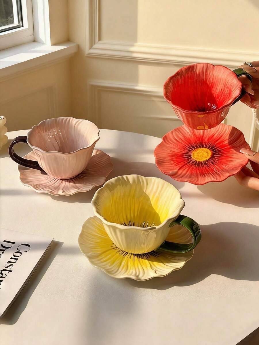1 Set Ceramic Floral Coffee Cup (Cup + Saucer), Creative Floral Water Cup For Women, High-End Handpainted Afternoon Tea Cup And Saucer, A Cup Of Coffee, Possible, Summer, Sea, Cup, Red, Red, Pink - 彩色 - 查看 1