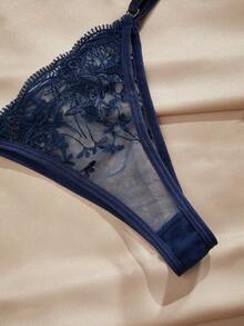 Charlaine Floral Embroidery Mesh Underwire Lingerie Set - Navy Blue - View 7