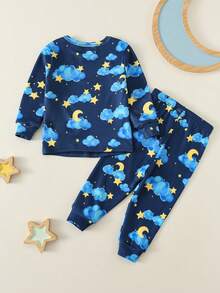 SHEIN 2pcs/Set Baby Boy/Girl Cute Casual Knit Cartoon Pattern Long Sleeve Bodysuit Pajama Set - Multicolor - View 8