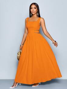 SOLERSUN 女士优雅方领露腰系带露背褶皱A字连衣裙，适合夏威夷风情、夏季穿着、茶会礼服、毕业典礼等场合。 - 橘色 - 查看 3