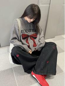 FRIFUL Women's Colorblock Round Neck Drop Shoulder Long Sleeve Letter & Bow Decor Oversized Casual Christmas Sweater, Autumn/Winter - Dark Grey - View 2