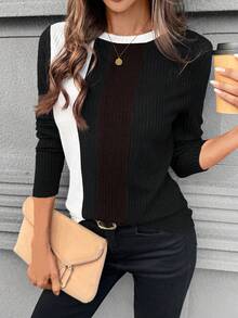 SHEIN LUNE Women's Colorblock Round Neck Long Sleeve T-Shirt