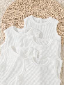 Cozy Pixies 5pcs/Set Newborn Baby Boy/Girl Solid Color Soft Knit Sleeveless Bodysuit - White - View 6