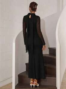 Modelyn 女士纯色方领薄纱长袖连衣裙 - 黑色 - 查看 2