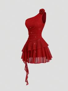 Sweetra 女士复古性感修身亮面玫瑰花红色鸡尾酒会优雅不对称肩连衣裙，春秋季 - 酒紅色 - 查看 3