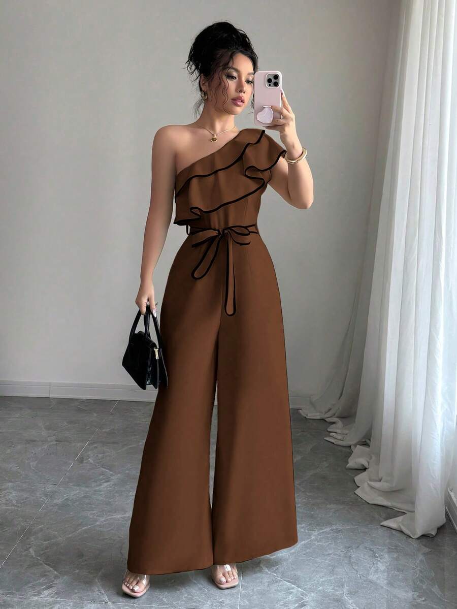 Elenzga 女士荷叶边肩部系带直筒连体裤 - 咖啡棕 - 查看 1