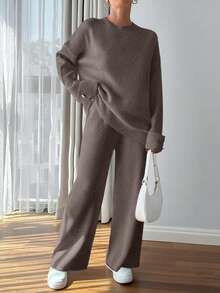 Women Button Detailed Sweater And Pant Set - Rust Brown - View 3