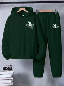 Tween Boy Letter & Print Hooded Long Sleeve Sweatshirt And Sweatpants Set - Multicolor - View 2