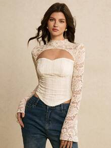 Poéselle 女士撞色透视蕾丝边立领T恤，弹力修身提花针织面料，新年系列；优雅白色上衣，适合日常穿着和情人节约会 - 杏色 - 查看 3