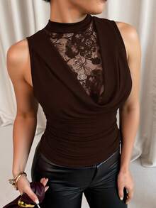 Lavishia Áo hai dây ren cổ tròn thanh lịch dành cho nữ, thích hợp cho mùa xuân/hè. - Cà phê nâu - Xem 7