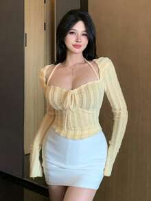 DAZY Women's Textured Striped Tie-Front Long Sleeve T-Shirt With Flared Cuffs, Dark Base, Autumn/Winter Y2k - Light Yellow - View 13