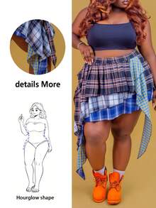 CurvyTilda Tildaharris Plus Size Vintage Casual Patchwork Plaid Asymmetric Hemline Pleated A-Line Skirt, For Hourglass Body Shape - Black - View 1