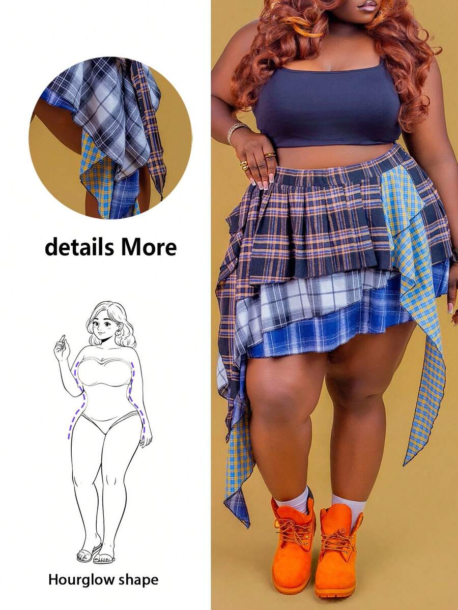 CurvyTilda Tildaharris Plus Size Vintage Casual Patchwork Plaid Asymmetric Hemline Pleated A-Line Skirt, For Hourglass Body Shape - Black - View 1