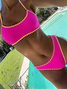 Bonvoyette 2026 Frühling/Sommer 2-teiliges Bikini-Set für Frauen mit Fuchsia- und Gelb-Kontrastbesatz und verstellbaren Trägern - Heißes Pink - Übersicht 1