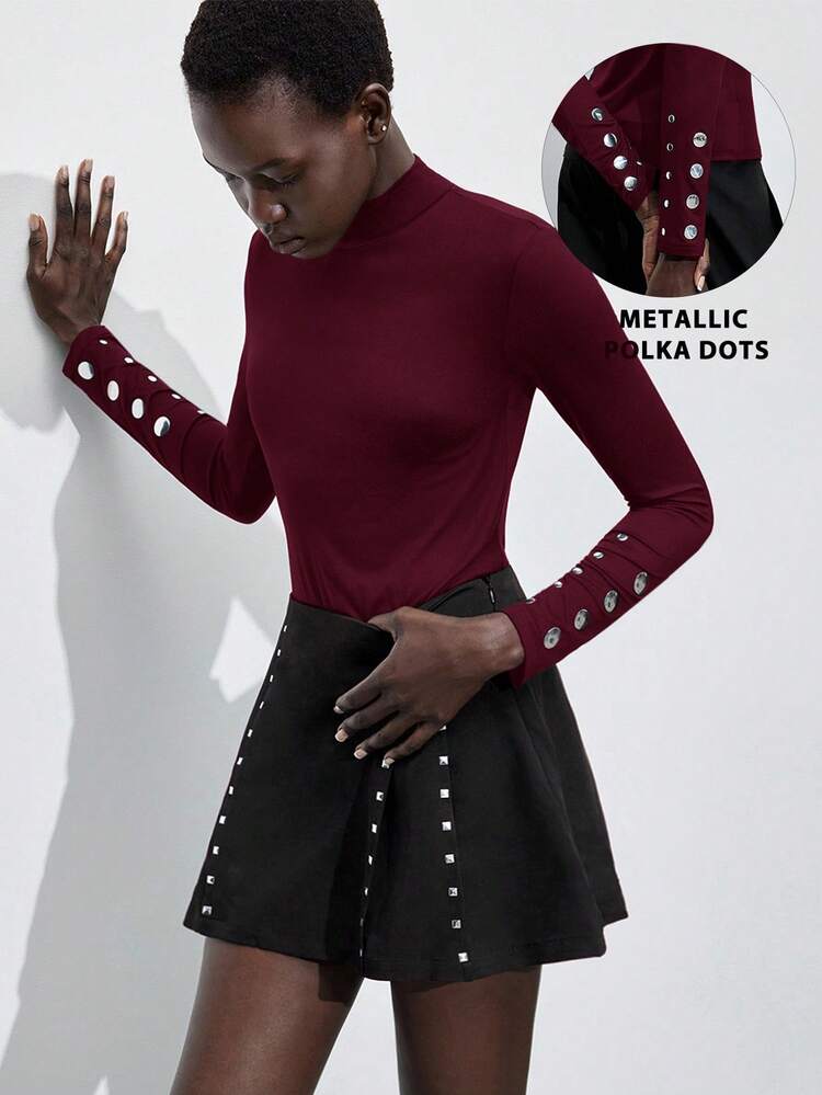 SHEIN Maija Women's Solid Color Stand Collar Metal Decor Fashion Versatile Long Sleeve T-Shirt, Suitable For Urban Commute, Office, Business Casual, Party, All-Match Top For Summer