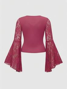 ROMWE Plus Size Gothic Style V-Neck Contrast Lace Flare Sleeve Blouse Valentine's Day - Burgundy - View 2
