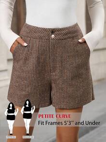 SHEIN PETITE CURVE 大码女式格子口袋休闲通勤短裤 - 棕色 - 查看 1