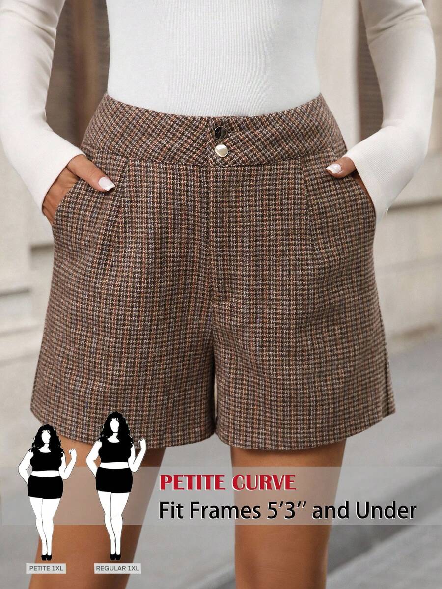 SHEIN PETITE CURVE 大码女式格子口袋休闲通勤短裤 - 棕色 - 查看 1