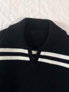 Sparklyn 少女毛衣套装 - 新款时尚宽松撞色条纹针织毛衣，搭配阔腿开衩针织裤，秋冬季流行 - 黑色 - 查看 3